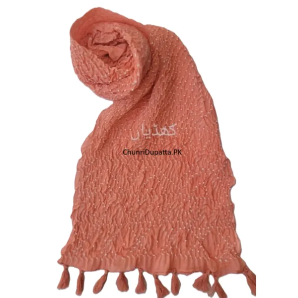 Fresh Peach Hand Knotted Chunri Dupatta with Tassels in Pure Lawn Pakistan