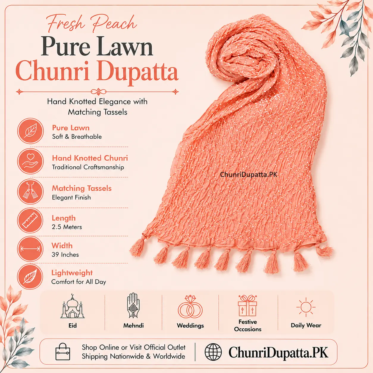 Fresh Peach Hand Knotted Chunri Dupatta with Tassels in Pure Lawn Pakistan