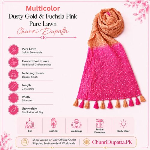 Dusty Gold and Fuchsia Pink Pure Lawn Chunri Dupatta with Matching Tassels Soft Breathable Lightweight for Everyday Wear Eid Mehndi Weddings and Festive Occasions