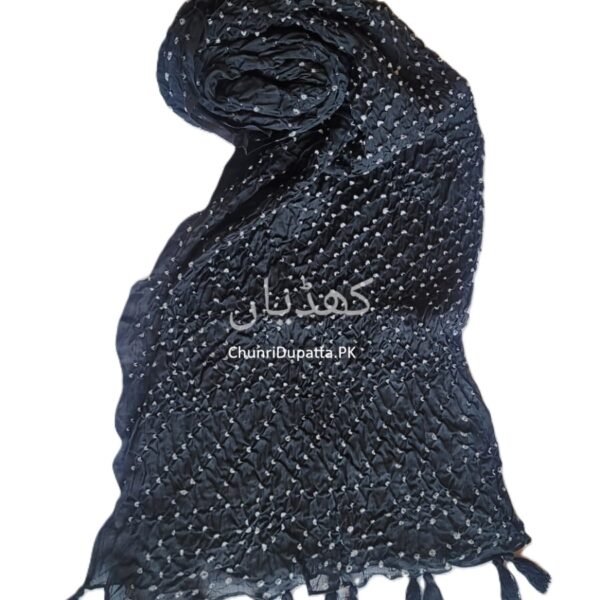 Black Chunri Dupatta in Pure Lawn with Hand Knotted Chunri Texture with Tassels