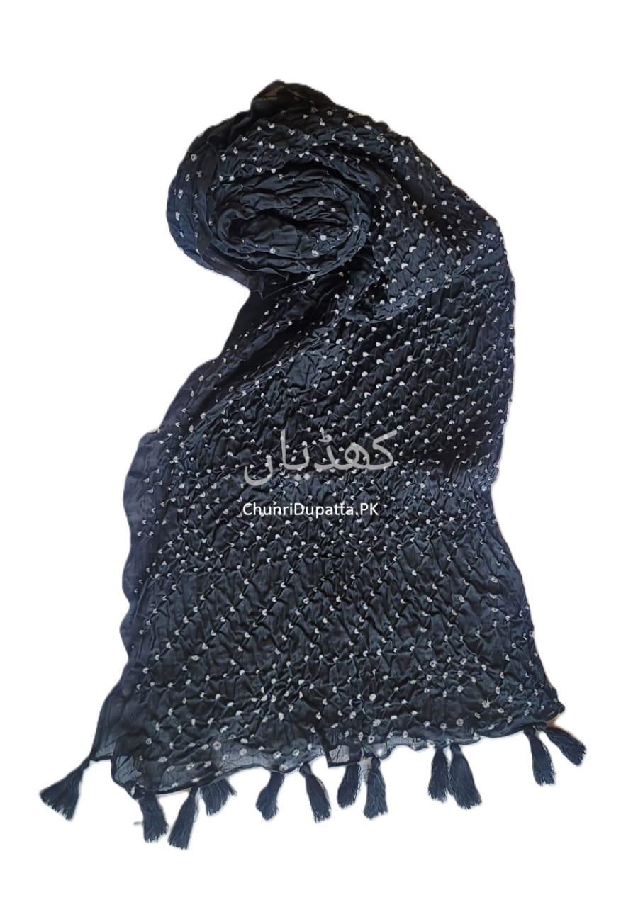 Black Chunri Dupatta in Pure Lawn with Hand Knotted Chunri Texture with Tassels
