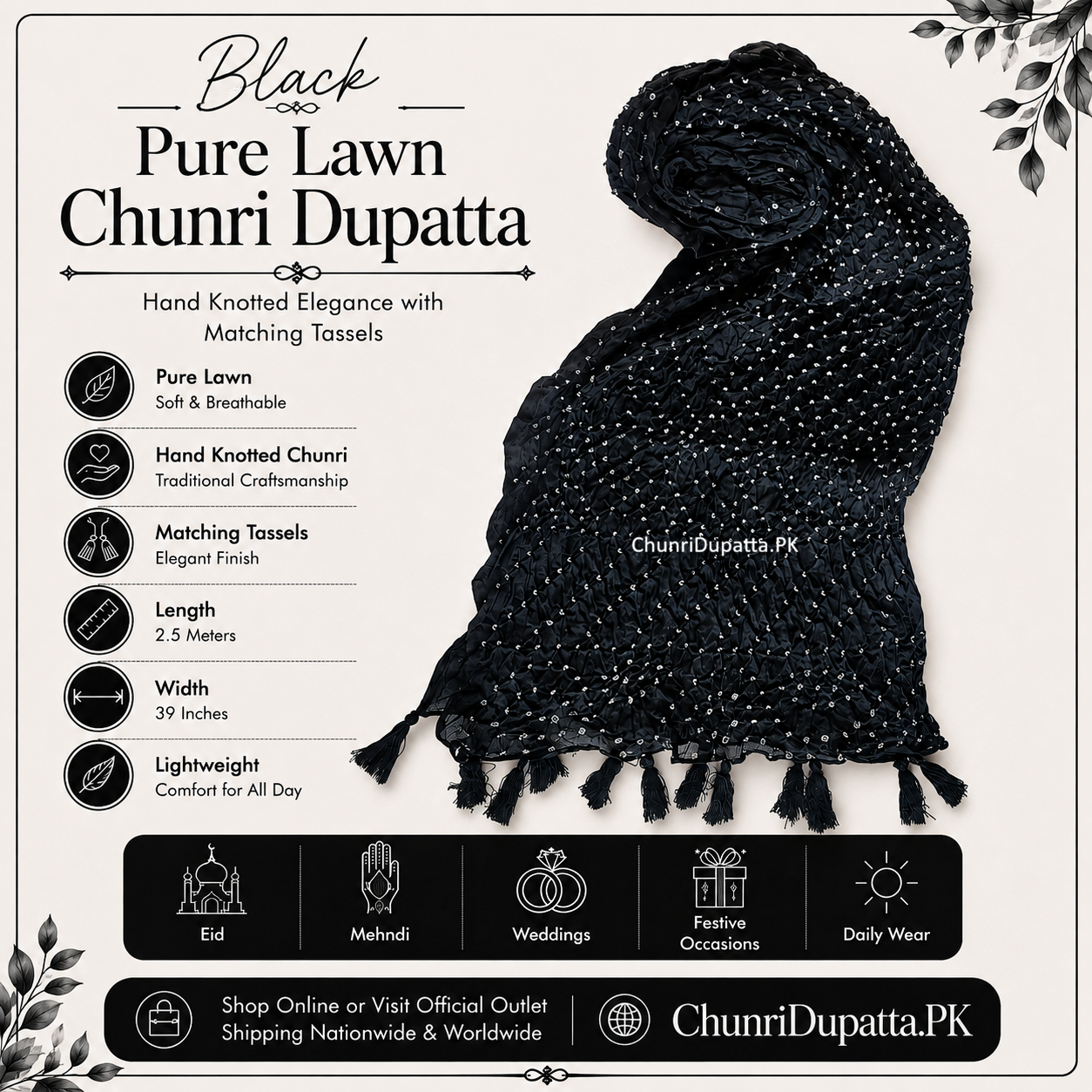 Black Pure Lawn Chunri Dupatta with Hand Knotted Detail and Matching Tassels