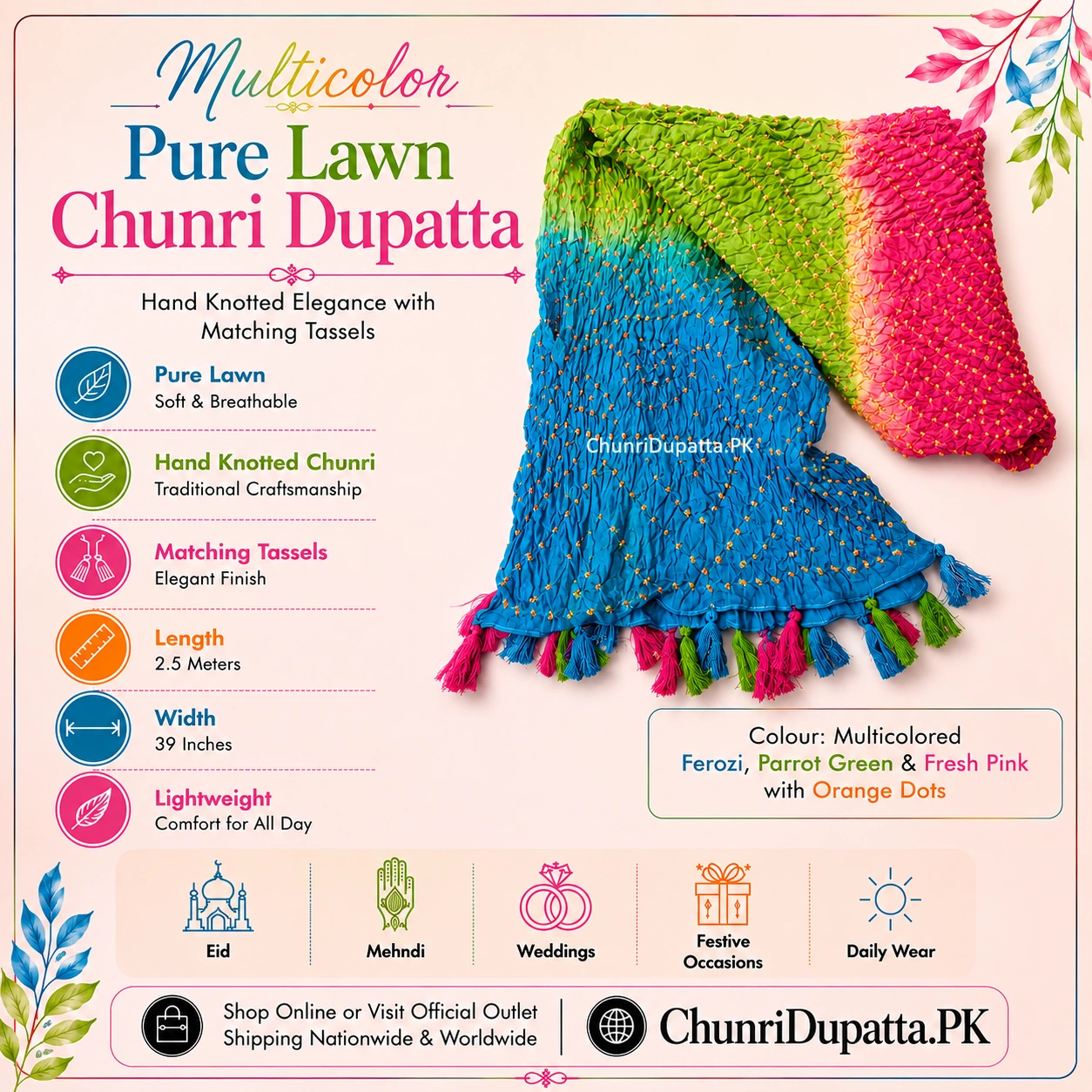 Colorful Pure Lawn Chunri Dupatta with Hand Knotted Texture and Multicolor Tassels