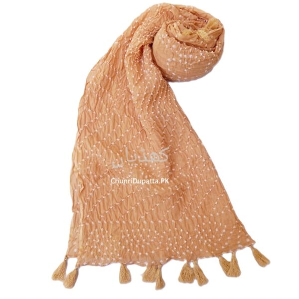 Dusty gold Pure Lawn Chunri Dupatta showing hand knotted texture and tassel detailing