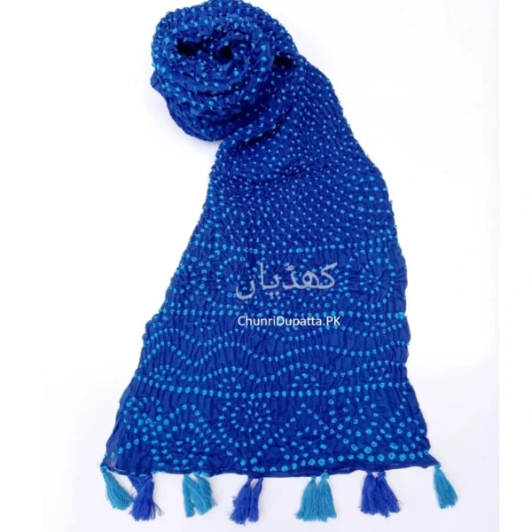 Royal Blue Chunri Dupatta Hand Knotted in Pure Lawn with Matching Tassels Pakistan